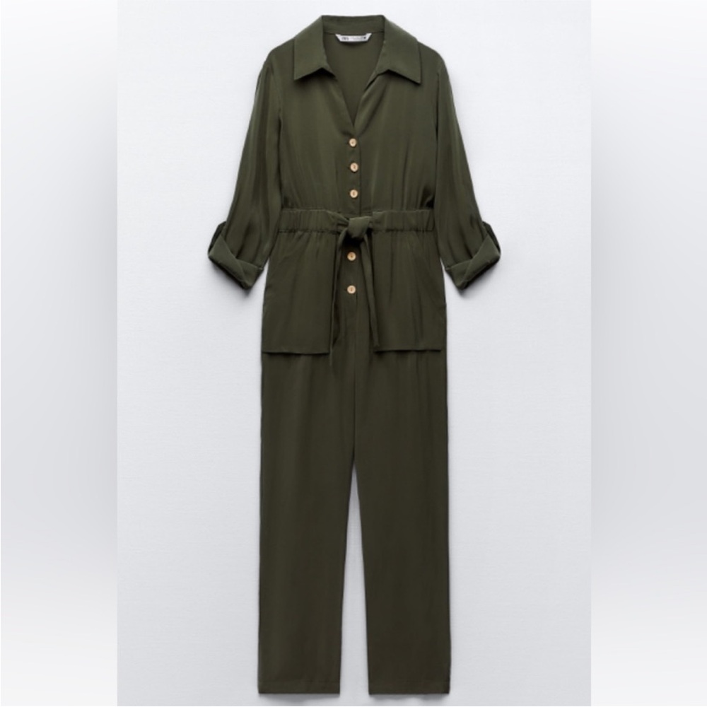 New Zara Women Green Olive Viscose Blend Flowy Jumpsuit Romper With Belt Size L
